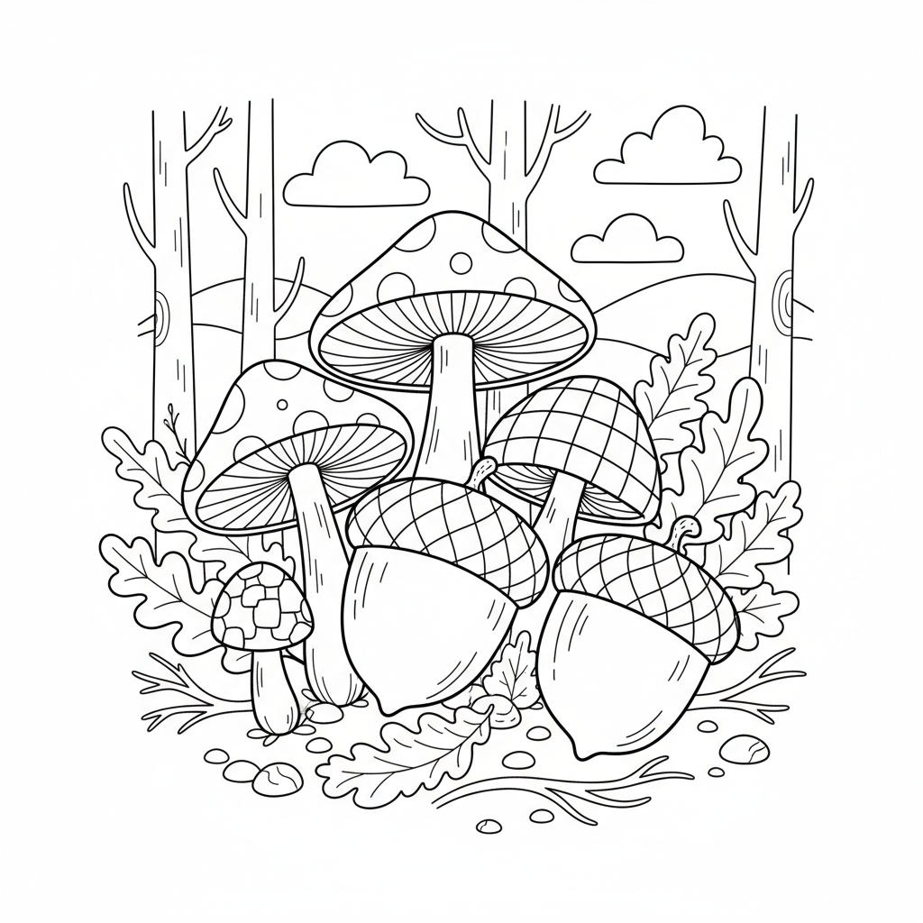 Acorn mushroom still life forest setting autumn - Free Printable Coloring Page Acorn mushroom still life forest setting autumn - Free Printable Coloring Page