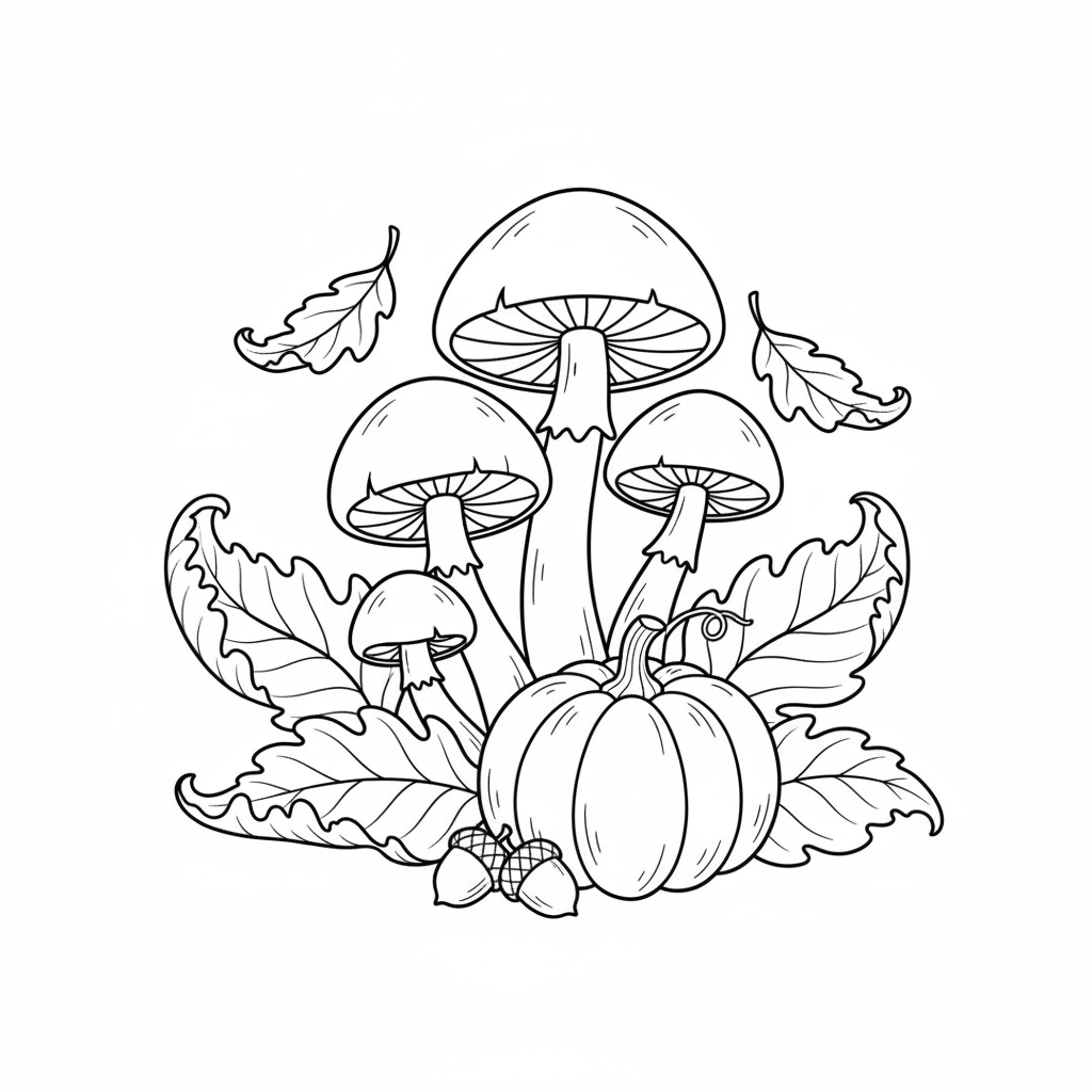 Autumn scene mushrooms among fallen leaves seasonal - Free Printable Coloring Page