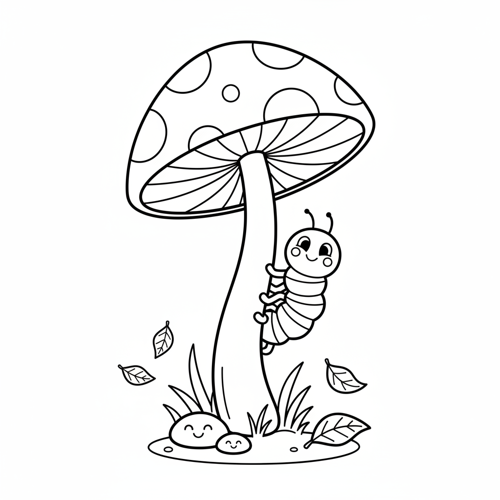 Caterpillar crawling up tall mushroom stem climbing - Free Printable Coloring Page