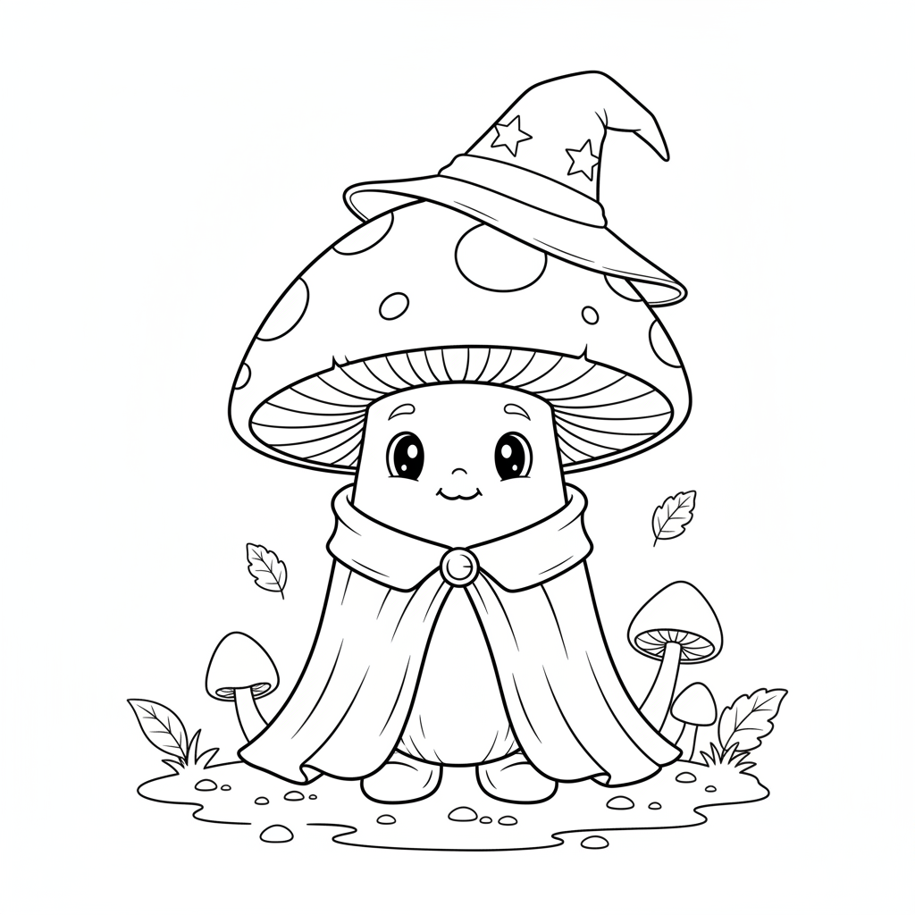 Cute Mushroom Wearing Tiny Wizard Hat And Cape - Free Printable Coloring Page Cute Mushroom Wearing Tiny Wizard Hat And Cape - Free Printable Coloring Page