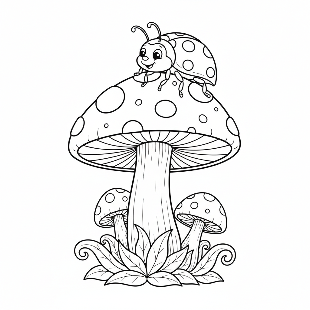 Ladybug exploring spotted mushroom cap surface walking - Free Printable Coloring Page