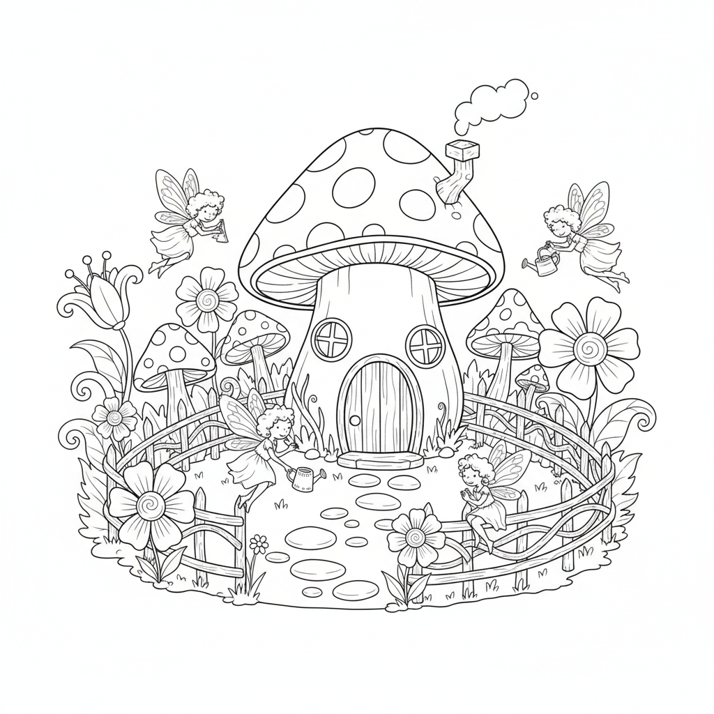 Mushroom cottage flower garden fence fairy tale - Free Printable Coloring Page