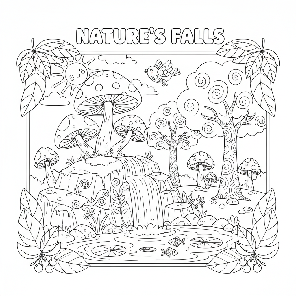 Mushroom growing mossy rock waterfall nature scene - Free Printable Coloring Page