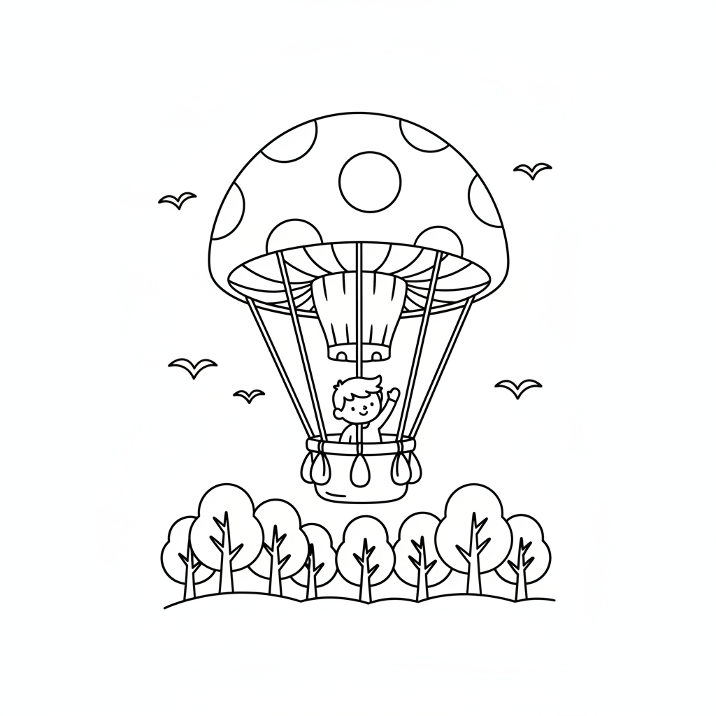 Mushroom hot air balloon cap floating over forest - Free Printable Coloring Page