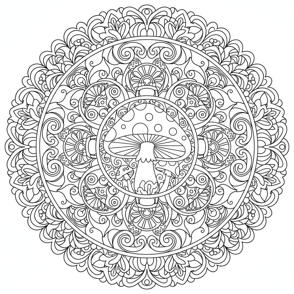 Motif mandala de champignons, détails complexes, forme circulaire - Coloriage gratuit à imprimer