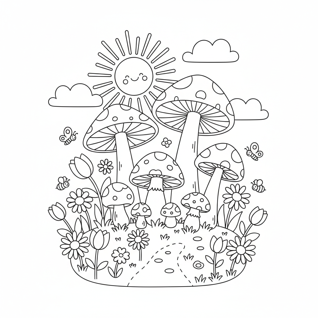 Mushroom patch sunny meadow wildflowers nature - Free Printable Coloring Page Mushroom patch sunny meadow wildflowers nature - Free Printable Coloring Page