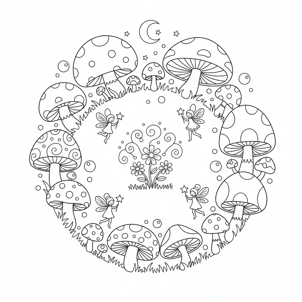 Cercle de champignons, cercle de fées, prairie magique, nuit lumineuse - Free Printable Coloring Page