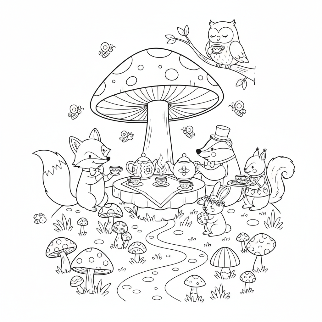 festa del tè ai funghi, incontro di ospiti animali della foresta - Disegno da colorare gratuito