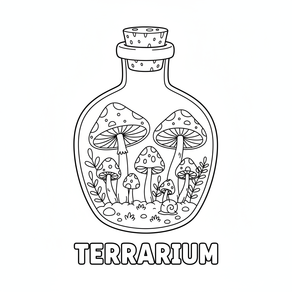 Mushroom terrarium glass jar tiny plants miniature - Free Printable Coloring Page
