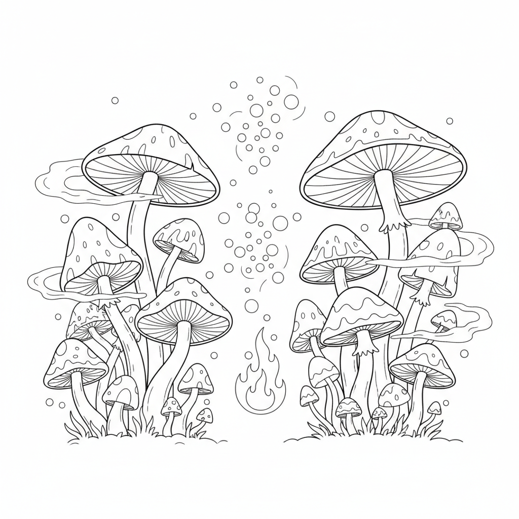 Mystical mushroom forest mist fireflies magical atmosphere - Free Printable Coloring Page