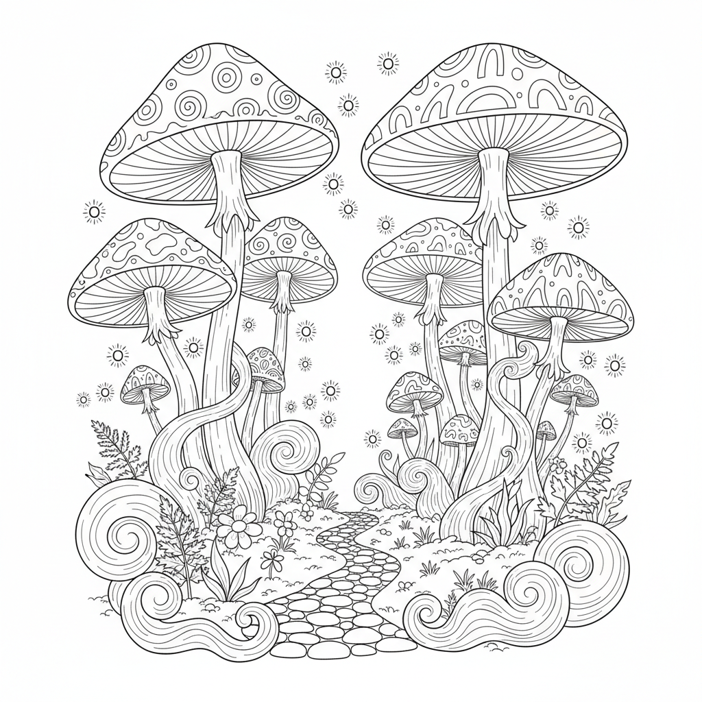 Mystical Mushroom Forest With Mist And Fireflies - Free Printable Coloring Page Mystical Mushroom Forest With Mist And Fireflies - Free Printable Coloring Page