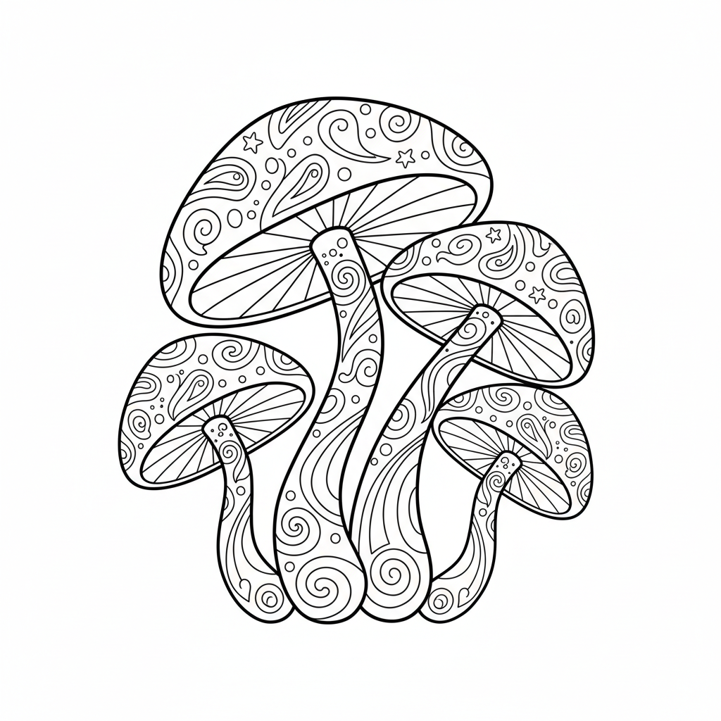 Motifs psychédéliques en forme de champignons, tourbillonnants, colorés et trippants - Coloriage gratuit à imprimer