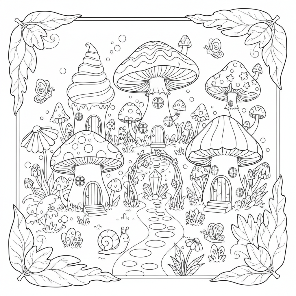 Regenboogkleurige fantasiepaddenstoelen, een magische tuinvariëteit - Gratis afdrukbare kleurplaat