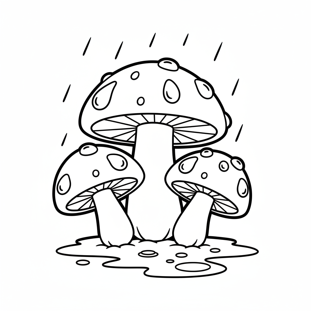 Rainy day mushroom dewdrops cap wet glistening - Free Printable Coloring Page