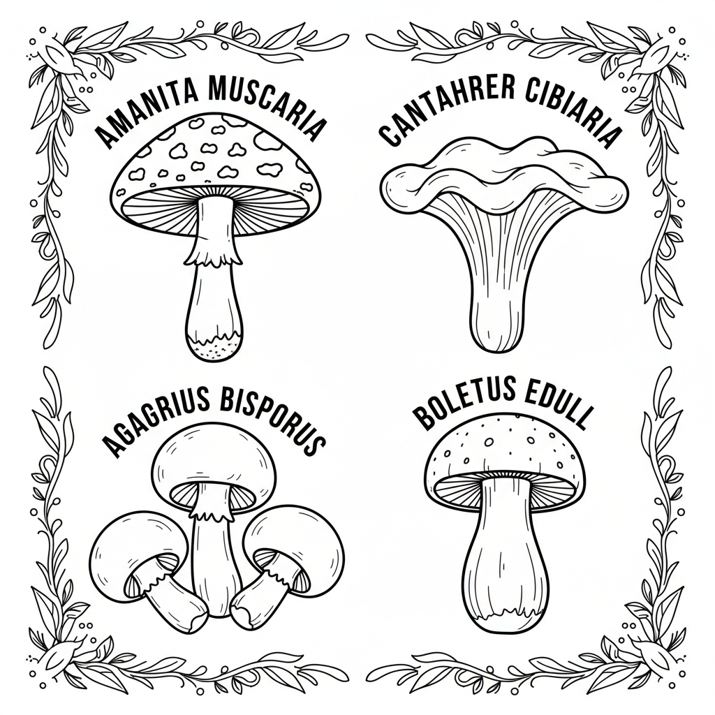 Pilztabelle im Vintage-Stil mit botanischen Illustrationen - Kostenloses druckbares Ausmalbild