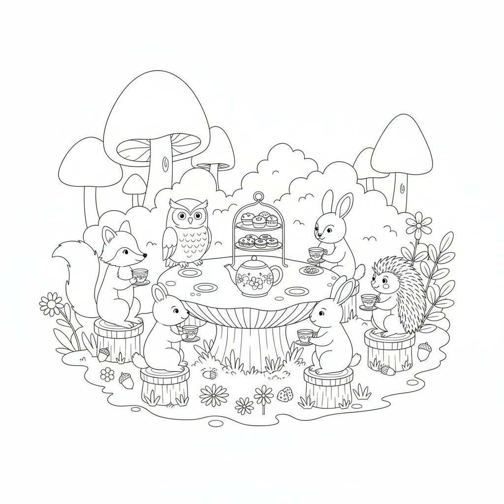 Woodland Creatures Having Tea Party On Mushroom Table - Free Printable Coloring Page Woodland Creatures Having Tea Party On Mushroom Table - Free Printable Coloring Page