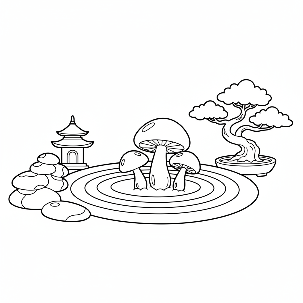 Zen garden scene carefully placed mushrooms peaceful - Free Printable Coloring Page