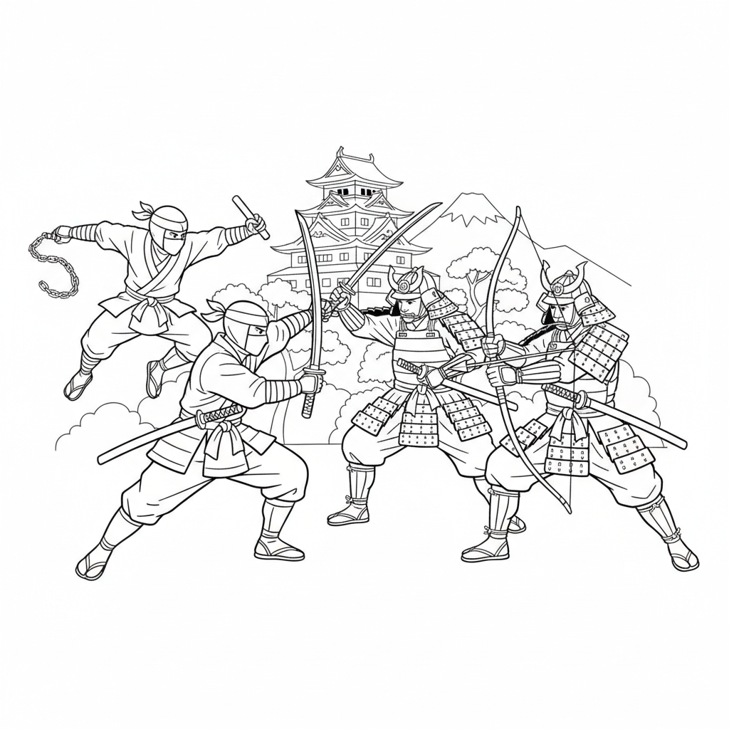 Ninja and samurai battle historic warriors - Free Printable Coloring Page