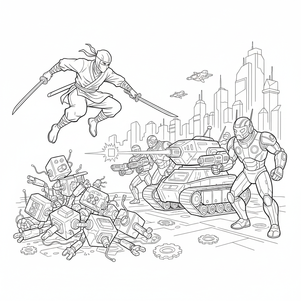 Ninja battling robot army futuristic cyber warrior scene - Free Printable Coloring Page