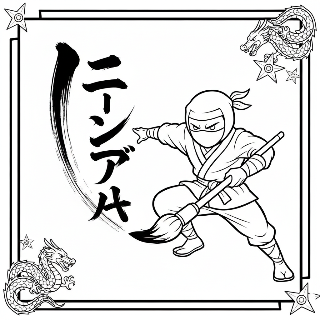 Ninja calligraphy brush art skilled writing - Free Printable Coloring Page Ninja calligraphy brush art skilled writing - Free Printable Coloring Page
