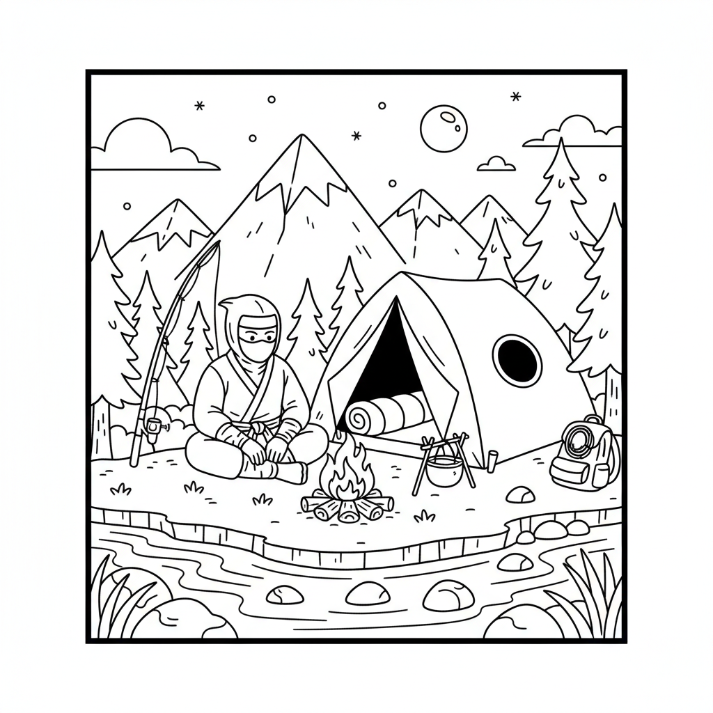 Ninja camping mountain forest outdoor survival - Free Printable Coloring Page