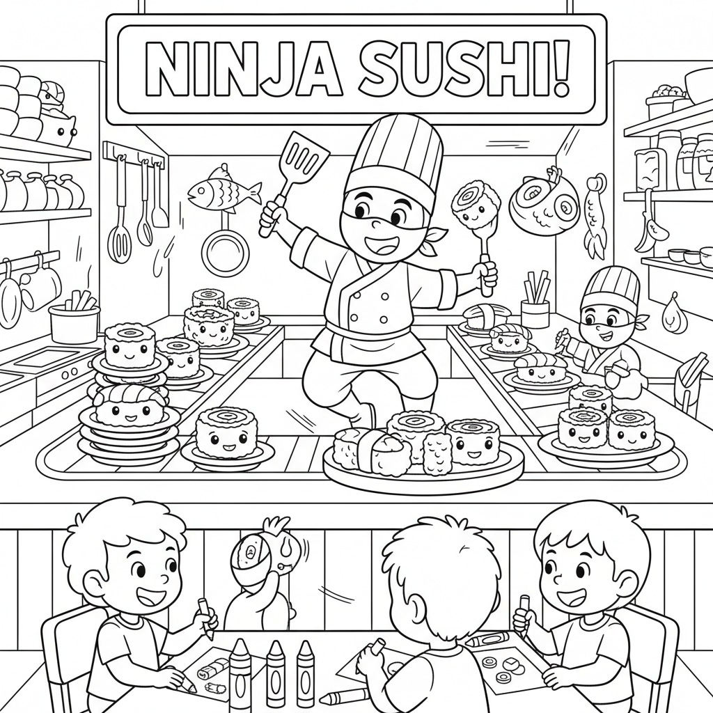Ninja chef sushi restaurant cooking serving - Free Printable Coloring Page