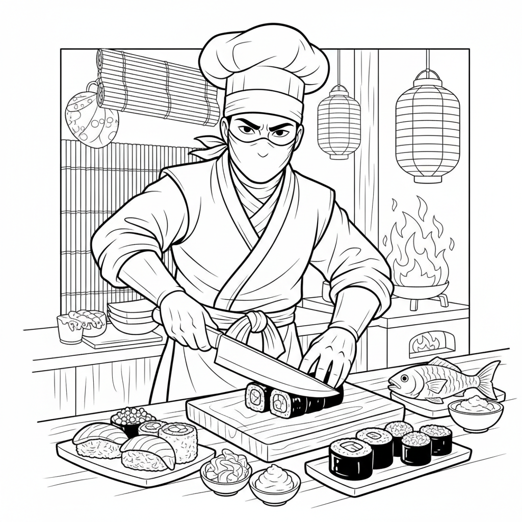 Ninja Cooking Sushi Chef - Free Printable Coloring Page Ninja Cooking Sushi Chef - Free Printable Coloring Page
