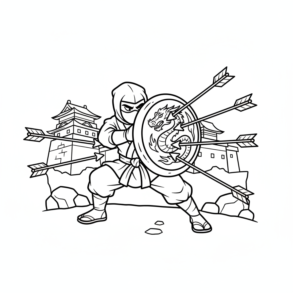 Ninja deflecting arrows shield defense skill - Free Printable Coloring Page Ninja deflecting arrows shield defense skill - Free Printable Coloring Page
