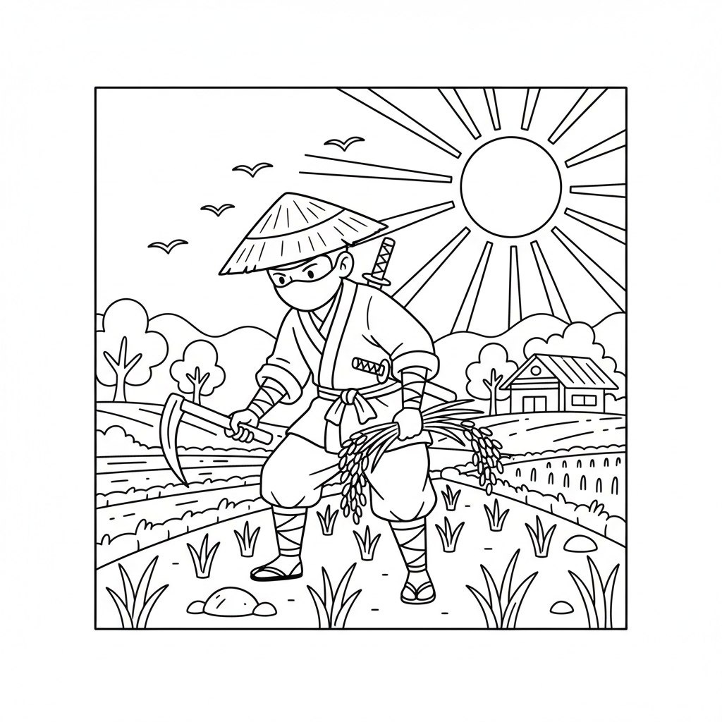 Ninja disguised as farmer working in rice field cover - Free Printable Coloring Page