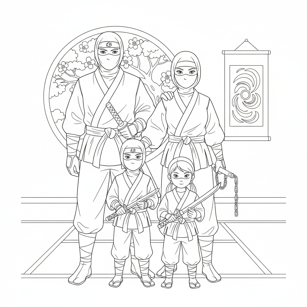 Ninja Family Portrait - Free Printable Coloring Page Ninja Family Portrait - Free Printable Coloring Page