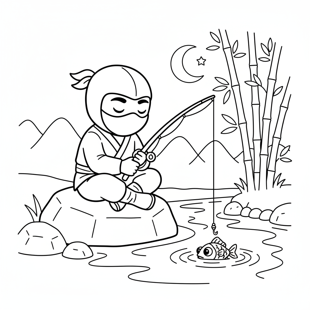 Ninja fishing patient silent still waiting - Free Printable Coloring Page Ninja fishing patient silent still waiting - Free Printable Coloring Page