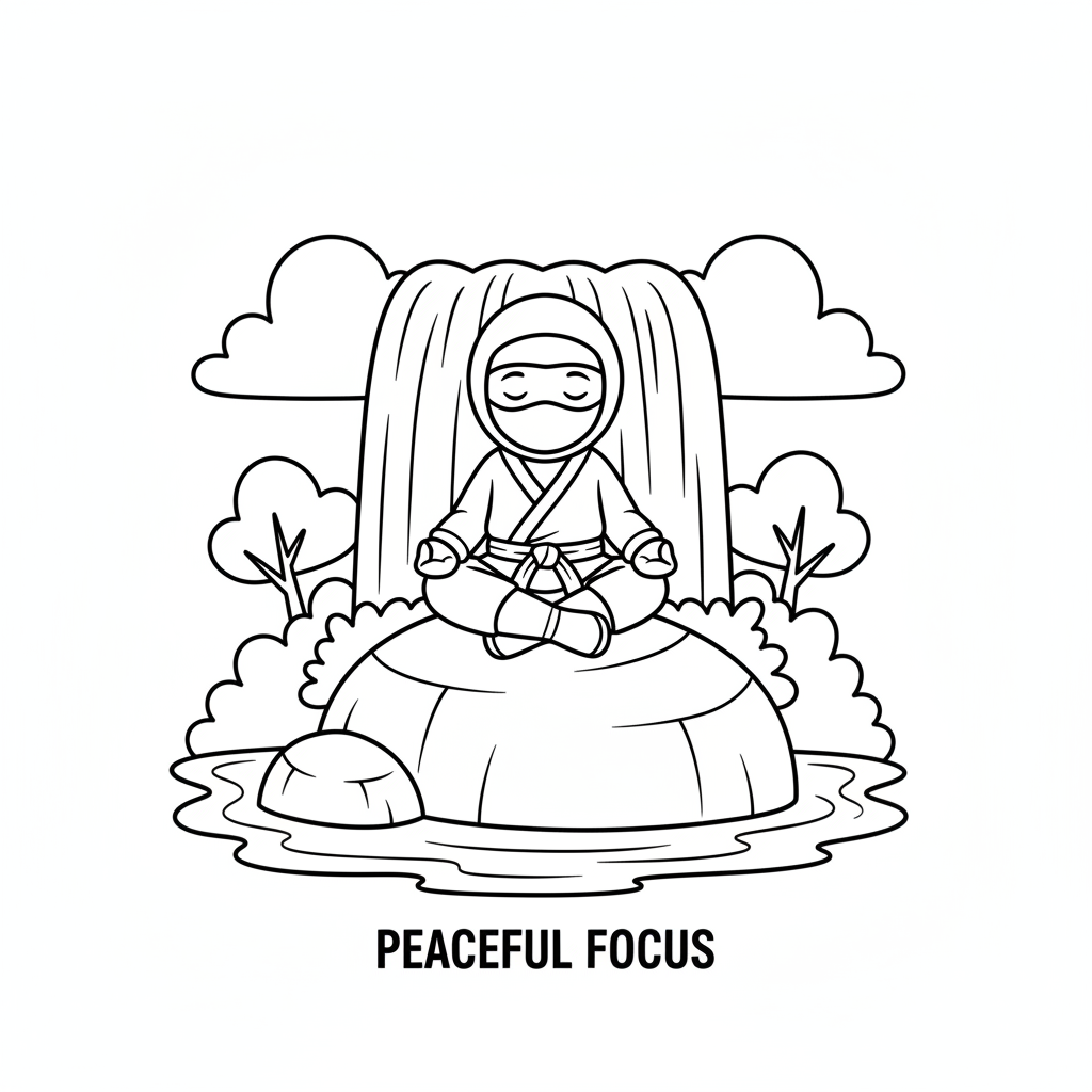 Ninja meditating on waterfall rock peaceful focus calm - Free Printable Coloring Page