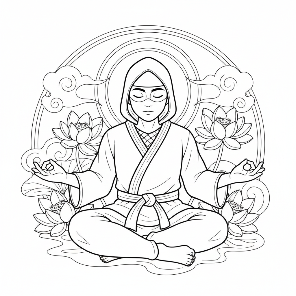 Ninja meditating peaceful focused centered calm - Free Printable Coloring Page Ninja meditating peaceful focused centered calm - Free Printable Coloring Page