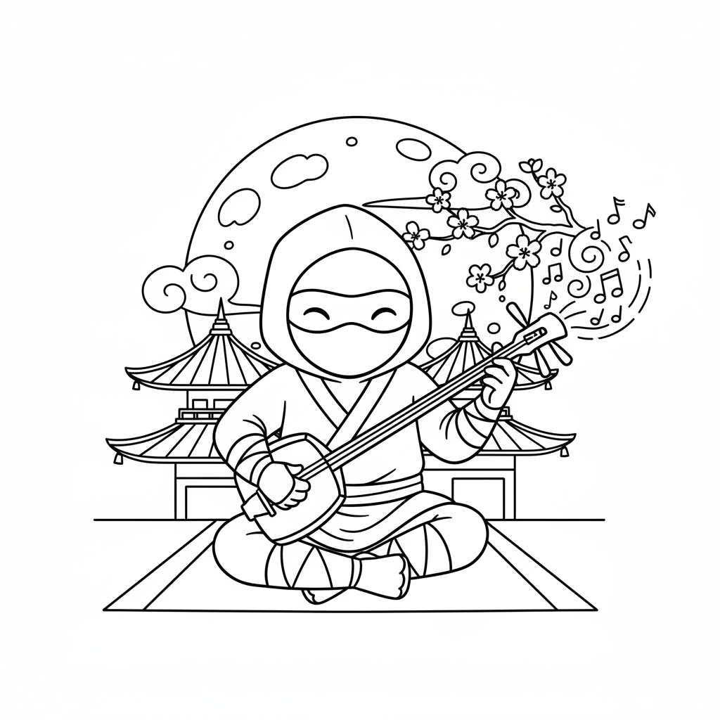 Ninja musician playing shamisen traditional instrument - Free Printable Coloring Page