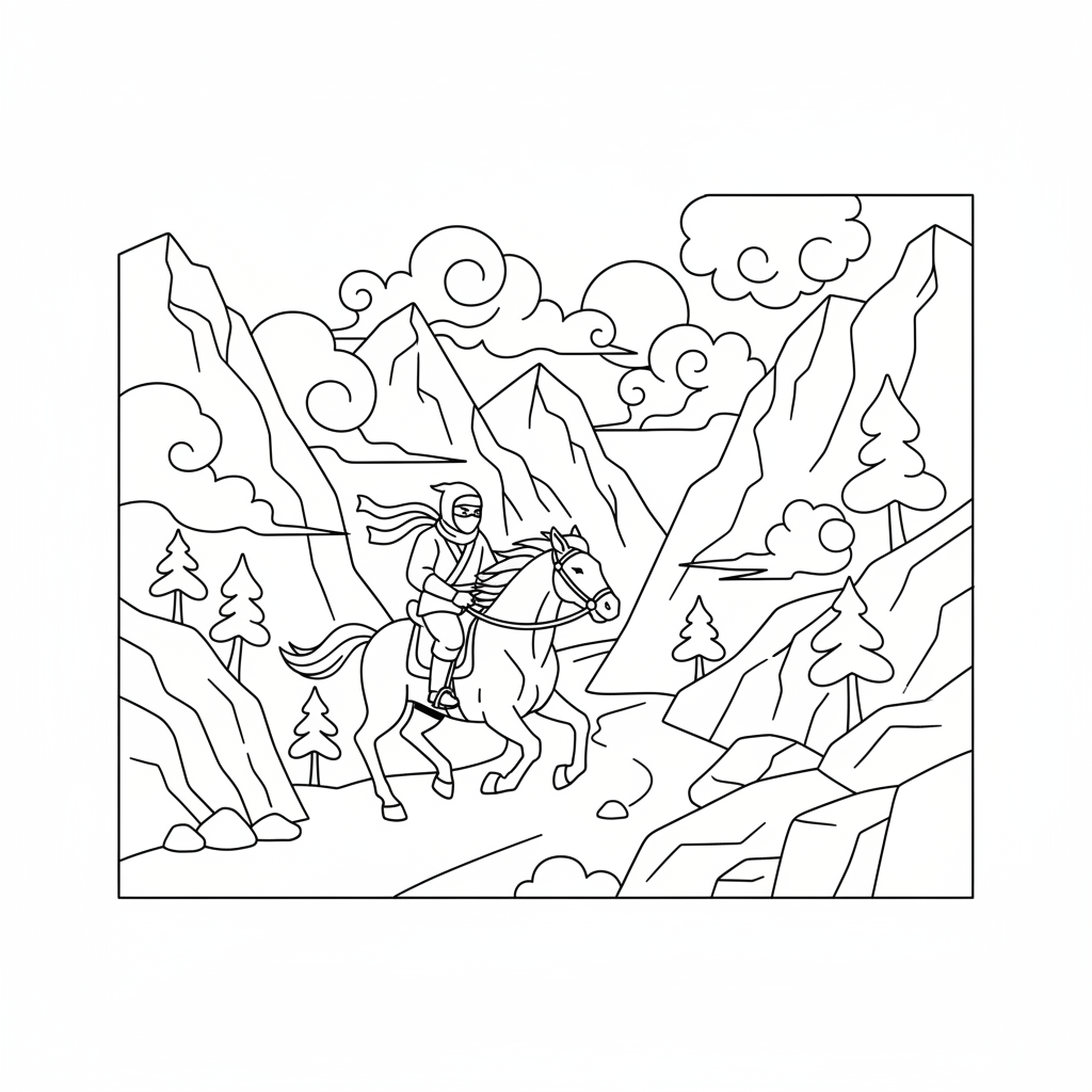 Ninja riding horse through misty mountain pass journey - Free Printable Coloring Page