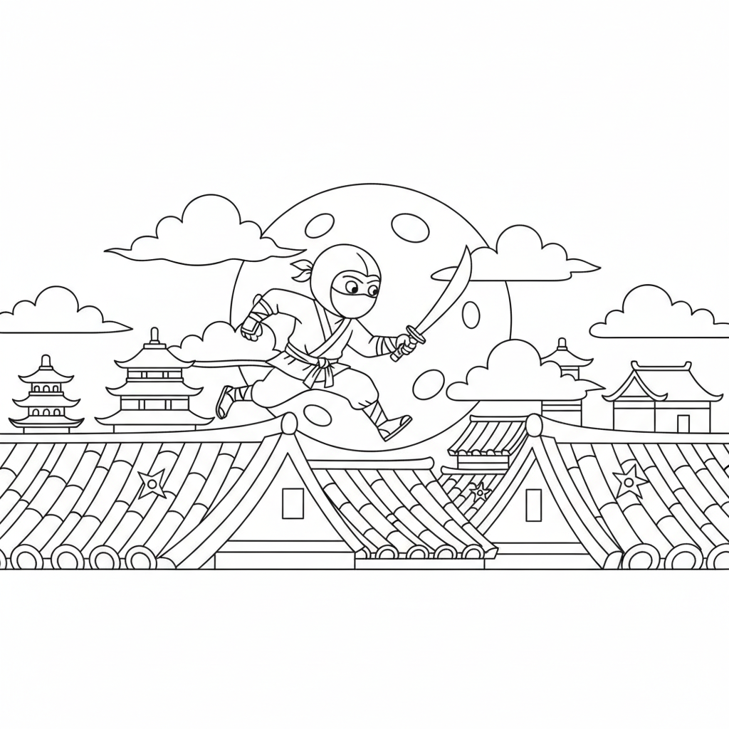 Ninja running across rooftops under full moon night - Free Printable Coloring Page
