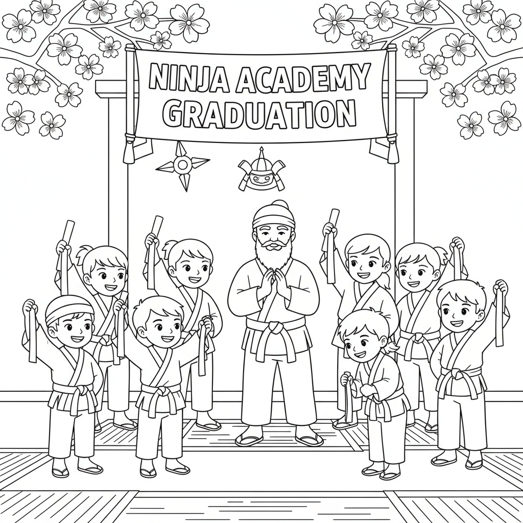 Ninja school graduation ceremony black belt award pride - Free Printable Coloring Page