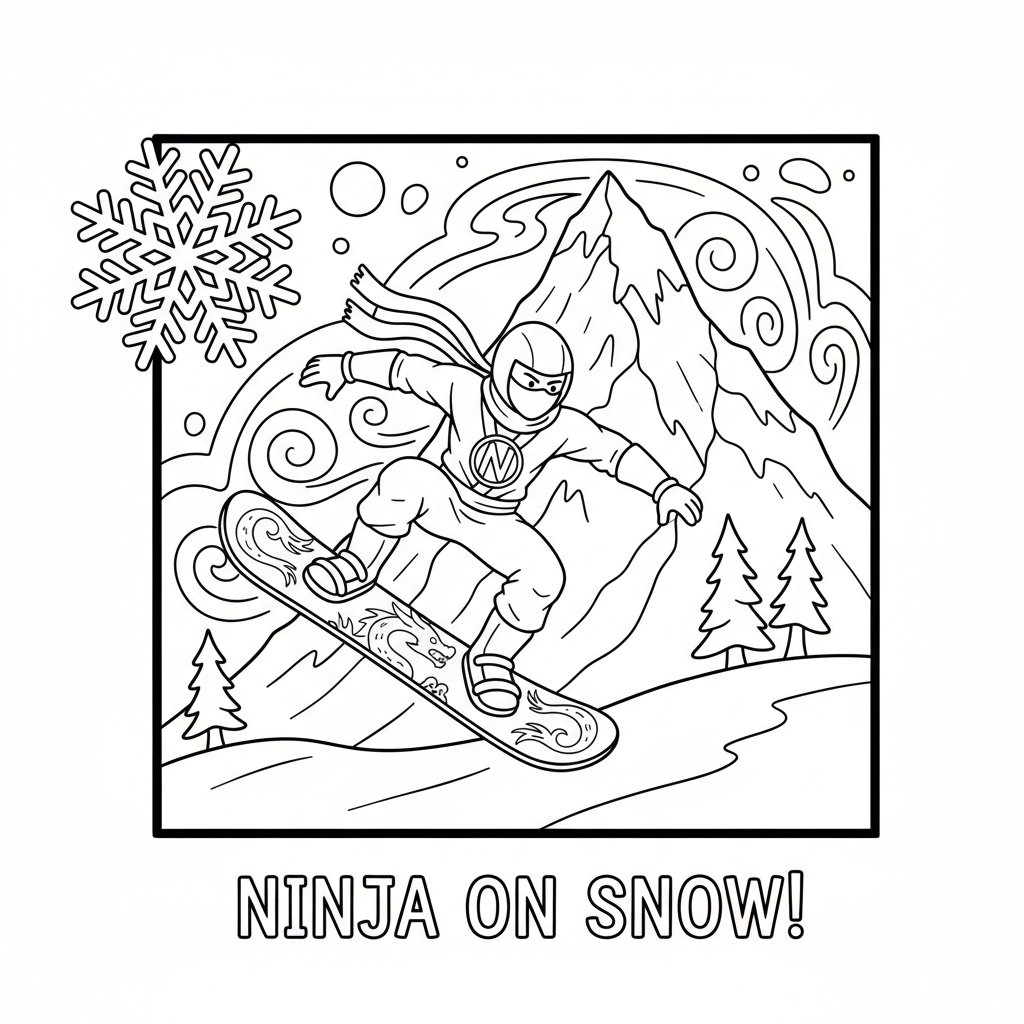 Ninja-Snowboarden, Wintersport, Extremberg - Kostenloses druckbares Ausmalbild Ninja-Snowboarden, Wintersport, Extremberg - Kostenloses druckbares Ausmalbild