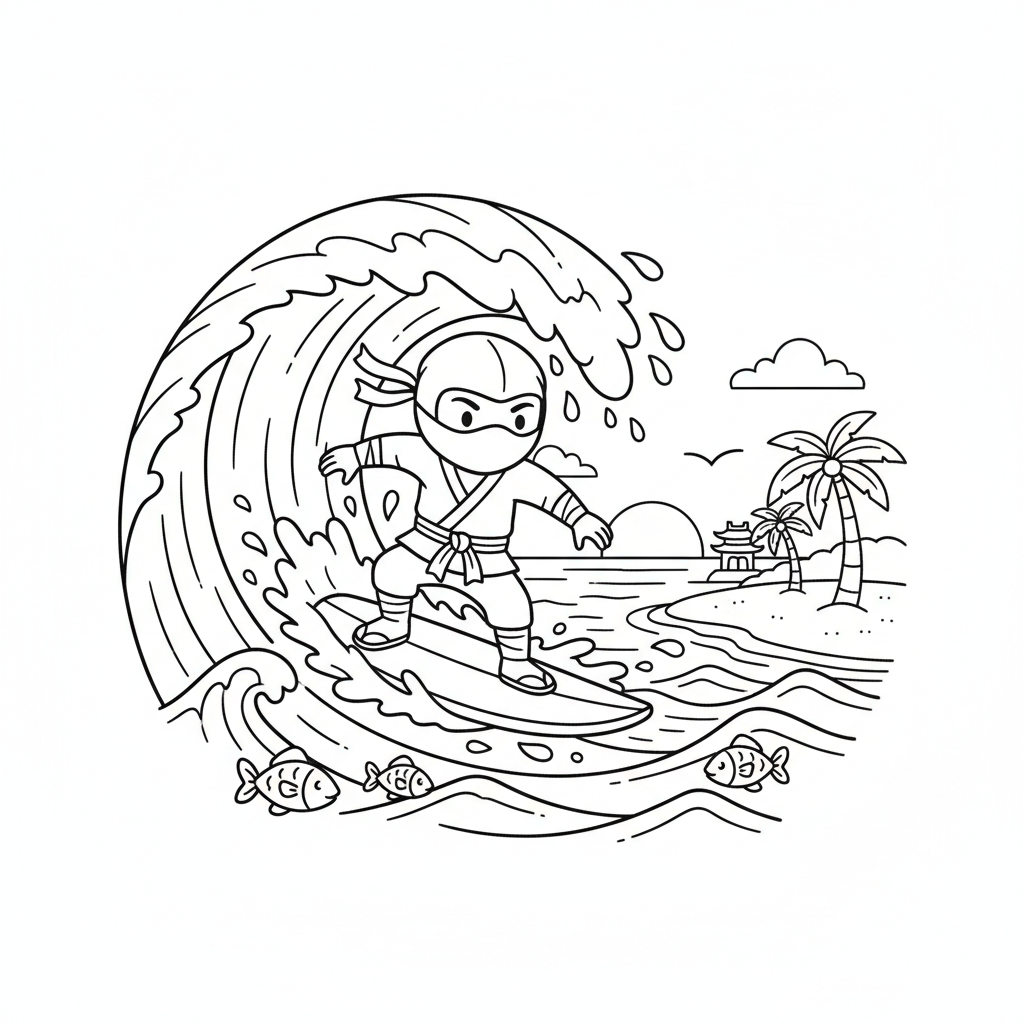 Ninja surfing waves ocean beach sport riding - Free Printable Coloring Page