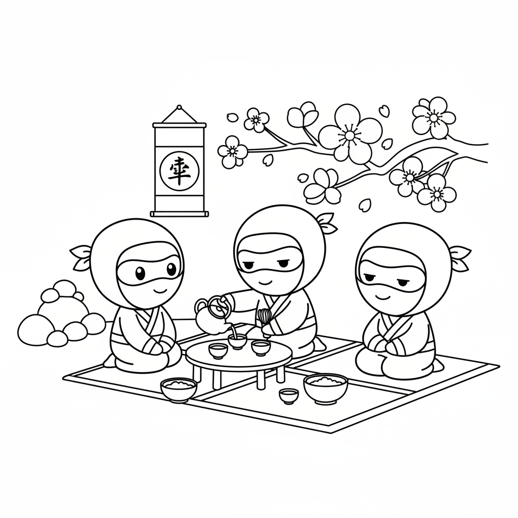 Ninja tea ceremony peaceful traditional cultural - Free Printable Coloring Page