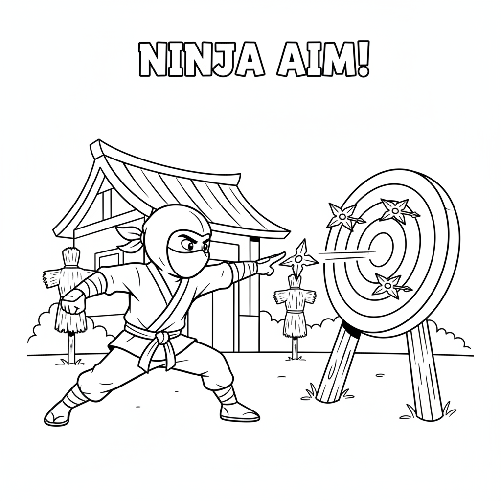 Ninja throwing shuriken at target practice precision aim - Free Printable Coloring Page