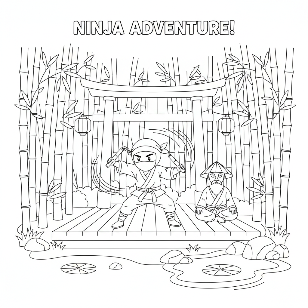Ninja training with nunchucks in bamboo forest dojo - Free Printable Coloring Page