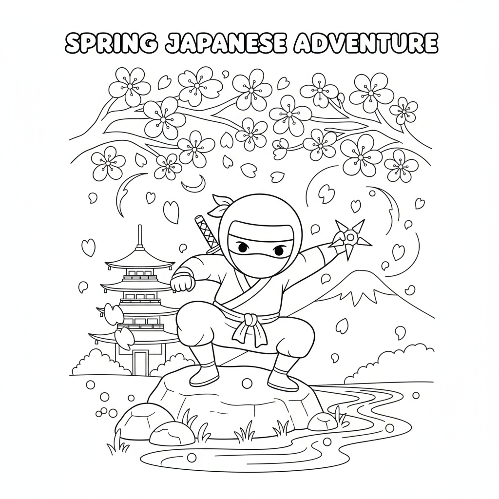 Ninja under cherry blossoms spring japanese - Free Printable Coloring Page