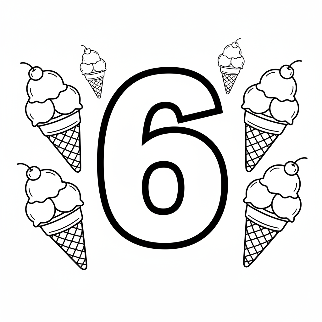 Groot en vetgedrukt nummer 6 met zes ijshoorntjes zomer - Gratis afdrukbare kleurplaat