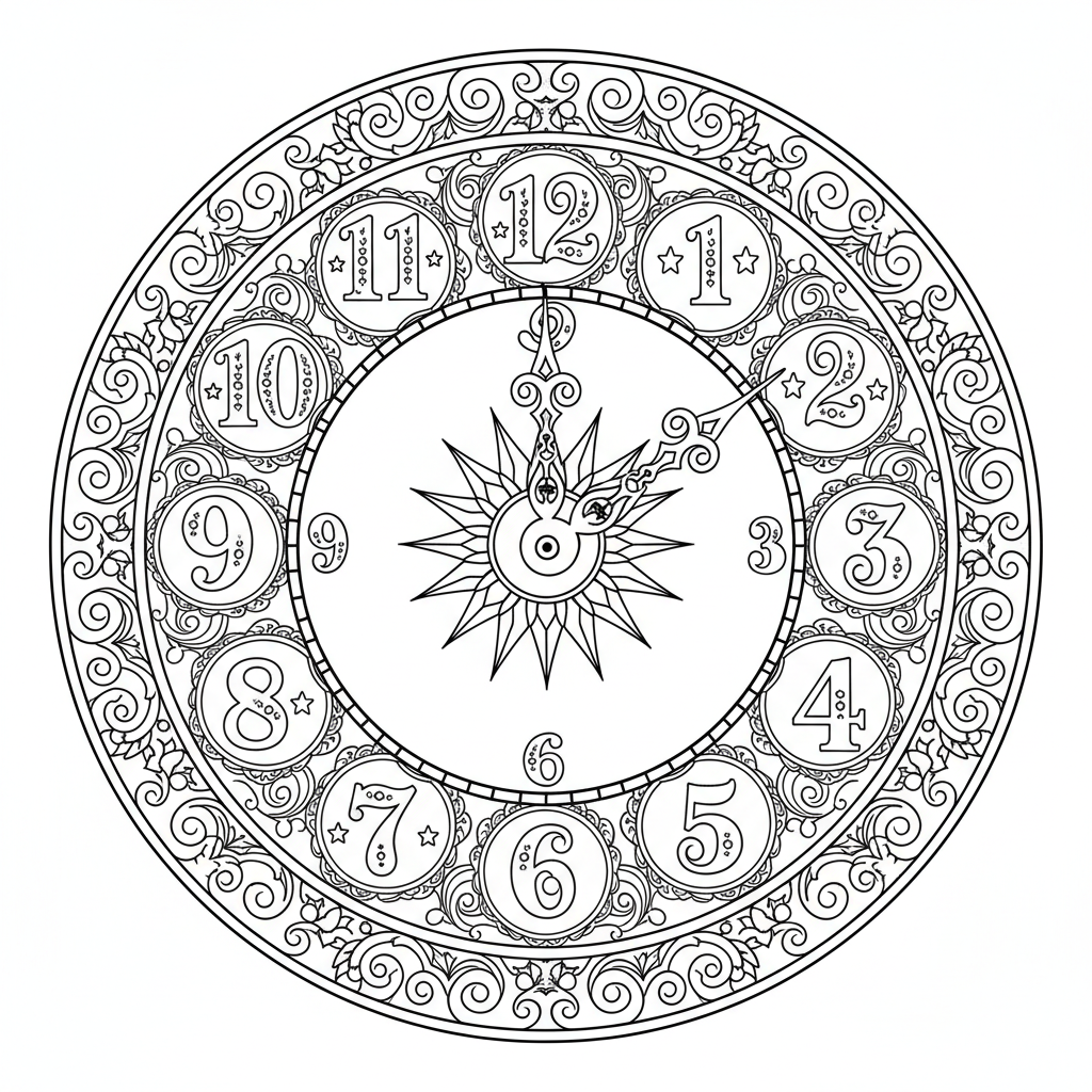 Wijzerplaat met alle 12 cijfers in decoratieve stijl - Gratis afdrukbare kleurplaat