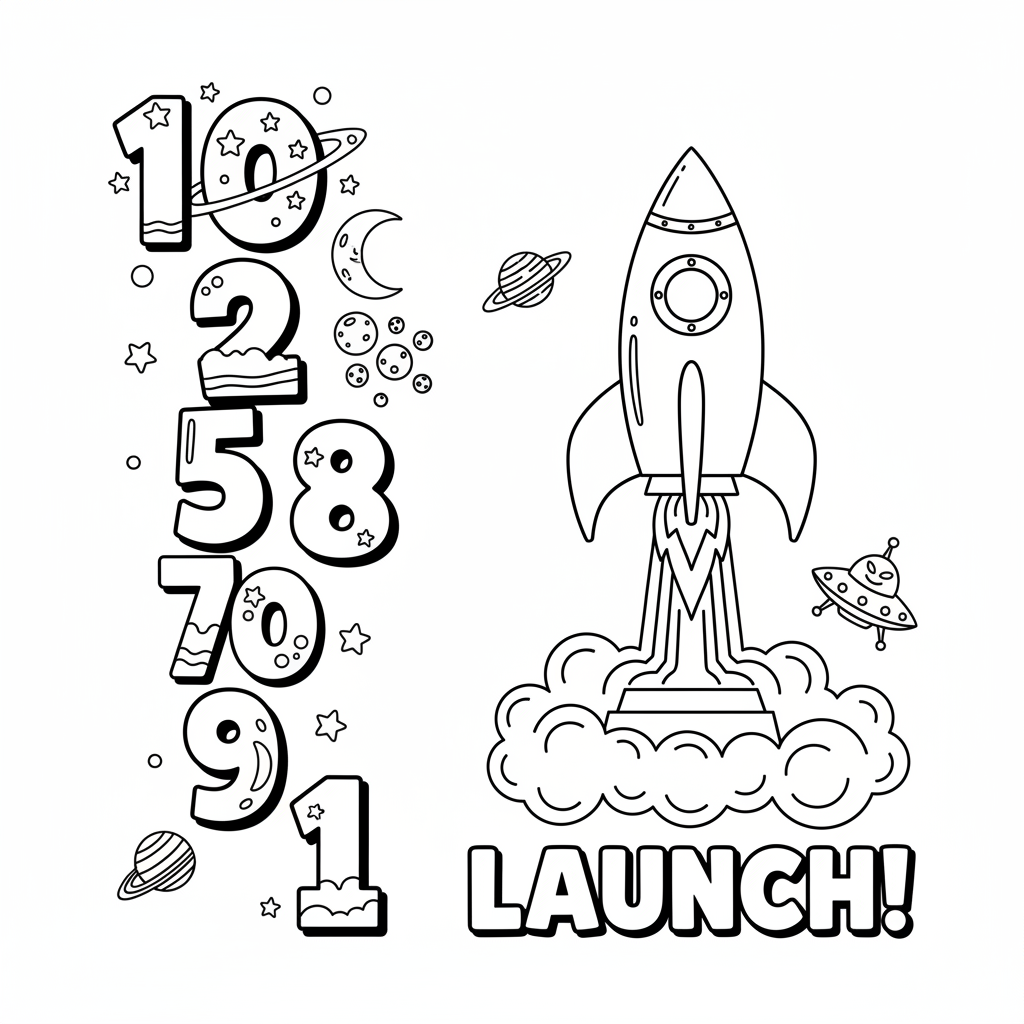 Compte à rebours de 10 à 1, séquence de lancement de la fusée - Coloriage gratuit à imprimer