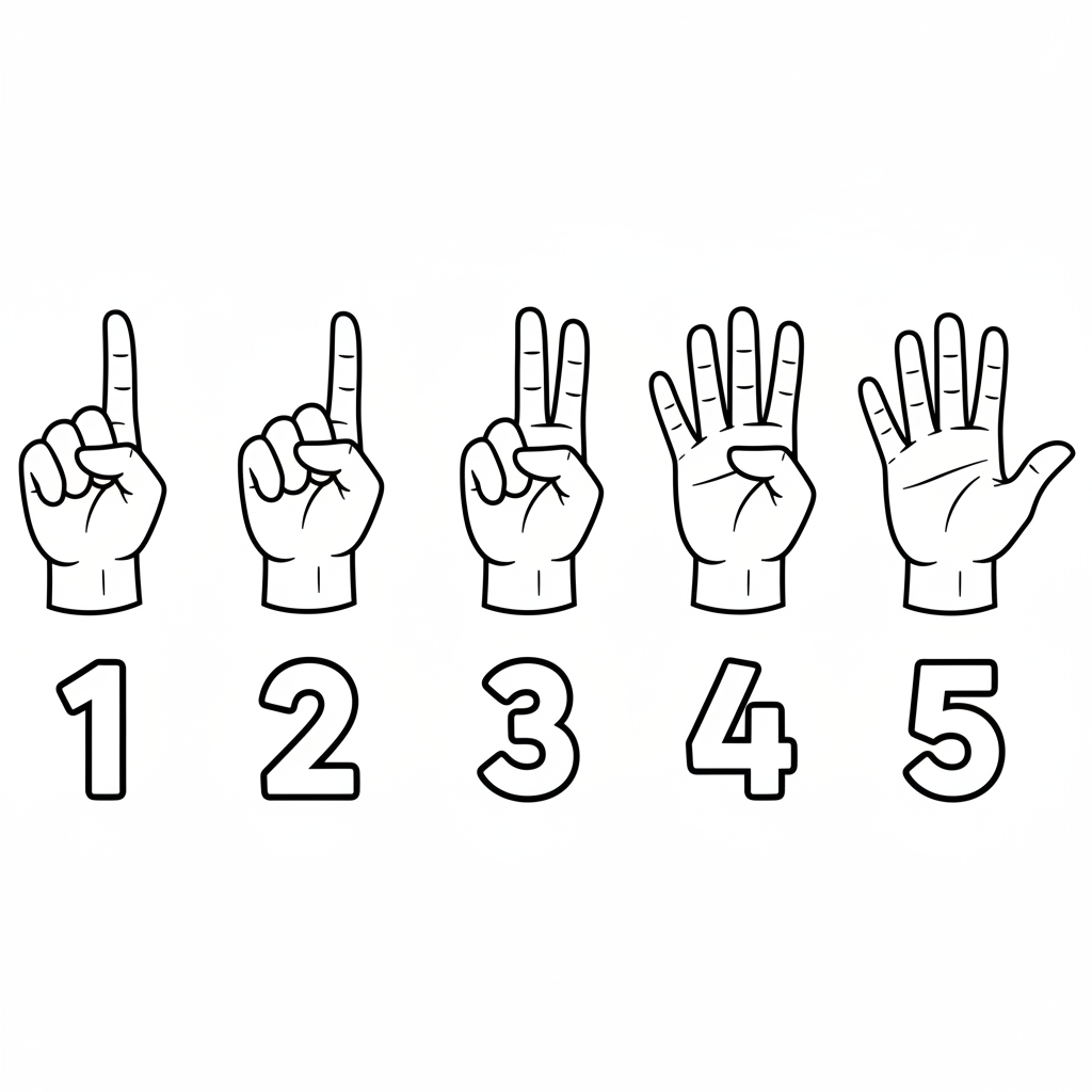 De vingers tellen en de cijfers 1 tot en met 5 weergeven. - Gratis afdrukbare kleurplaat