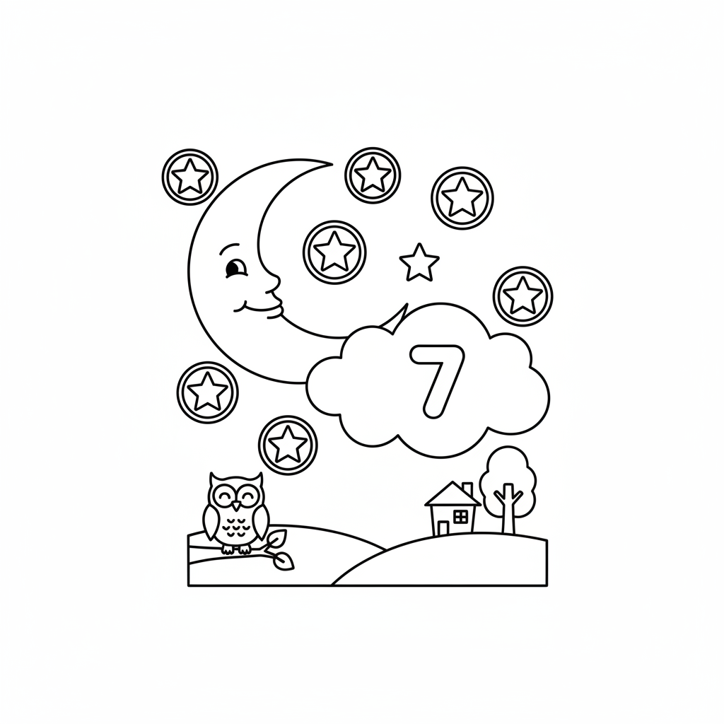 Counting scene with 7 stars in night sky - Free Printable Coloring Page Counting scene with 7 stars in night sky - Free Printable Coloring Page