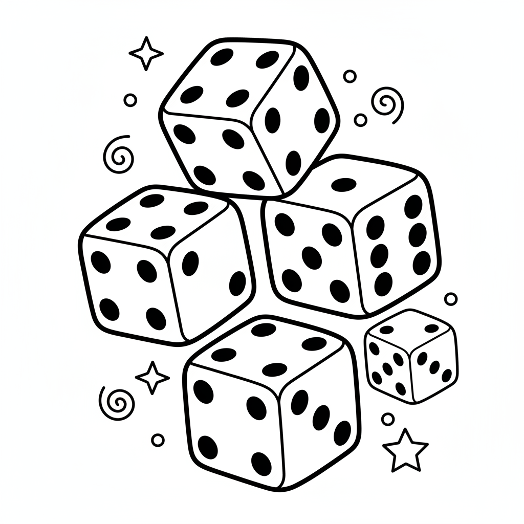 Dobbelstenen met verschillende getallen en een stippenpatroon, leuk! - Gratis afdrukbare kleurplaat