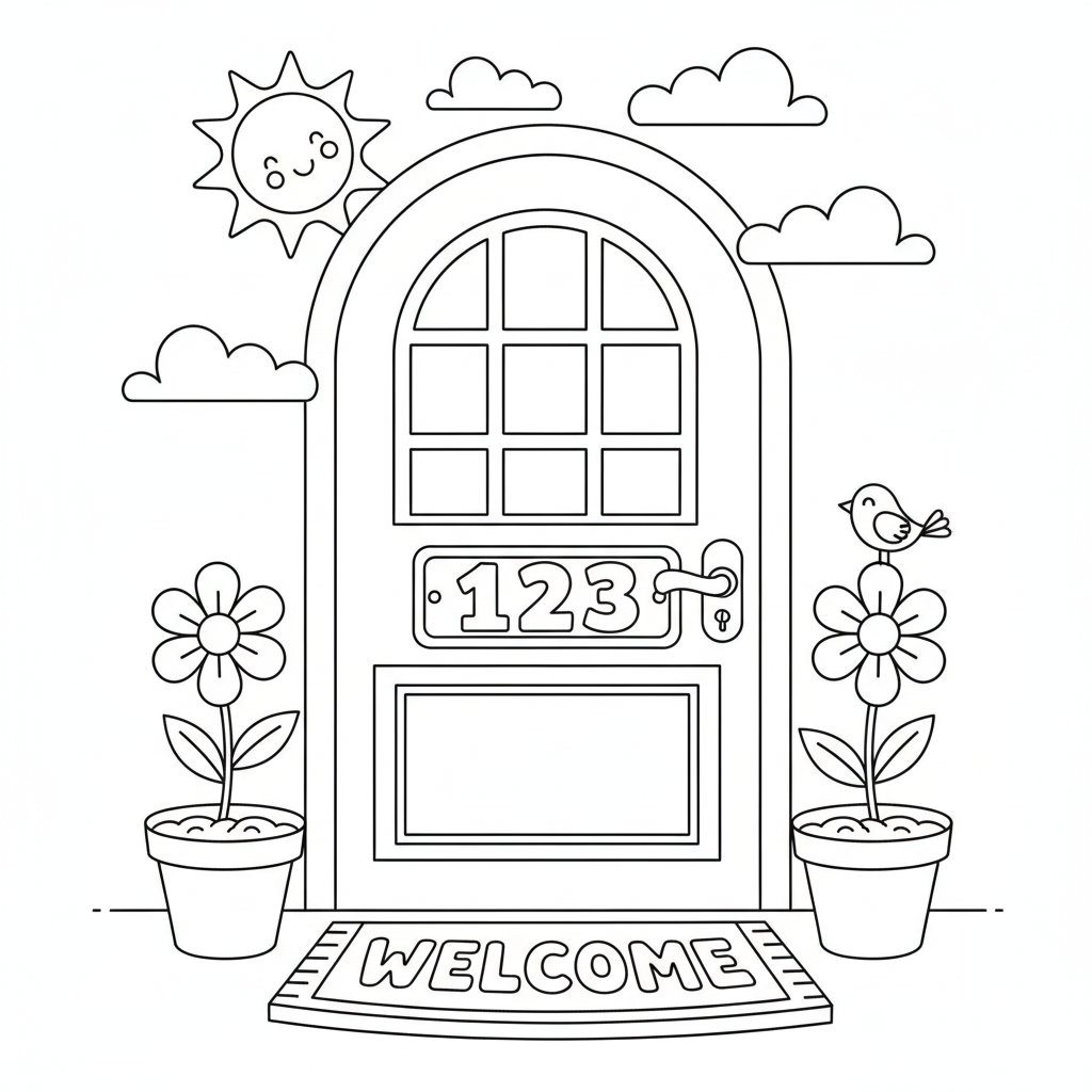 Huisnummers op de deur met welkomstmat en bloemen. - Gratis afdrukbare kleurplaat